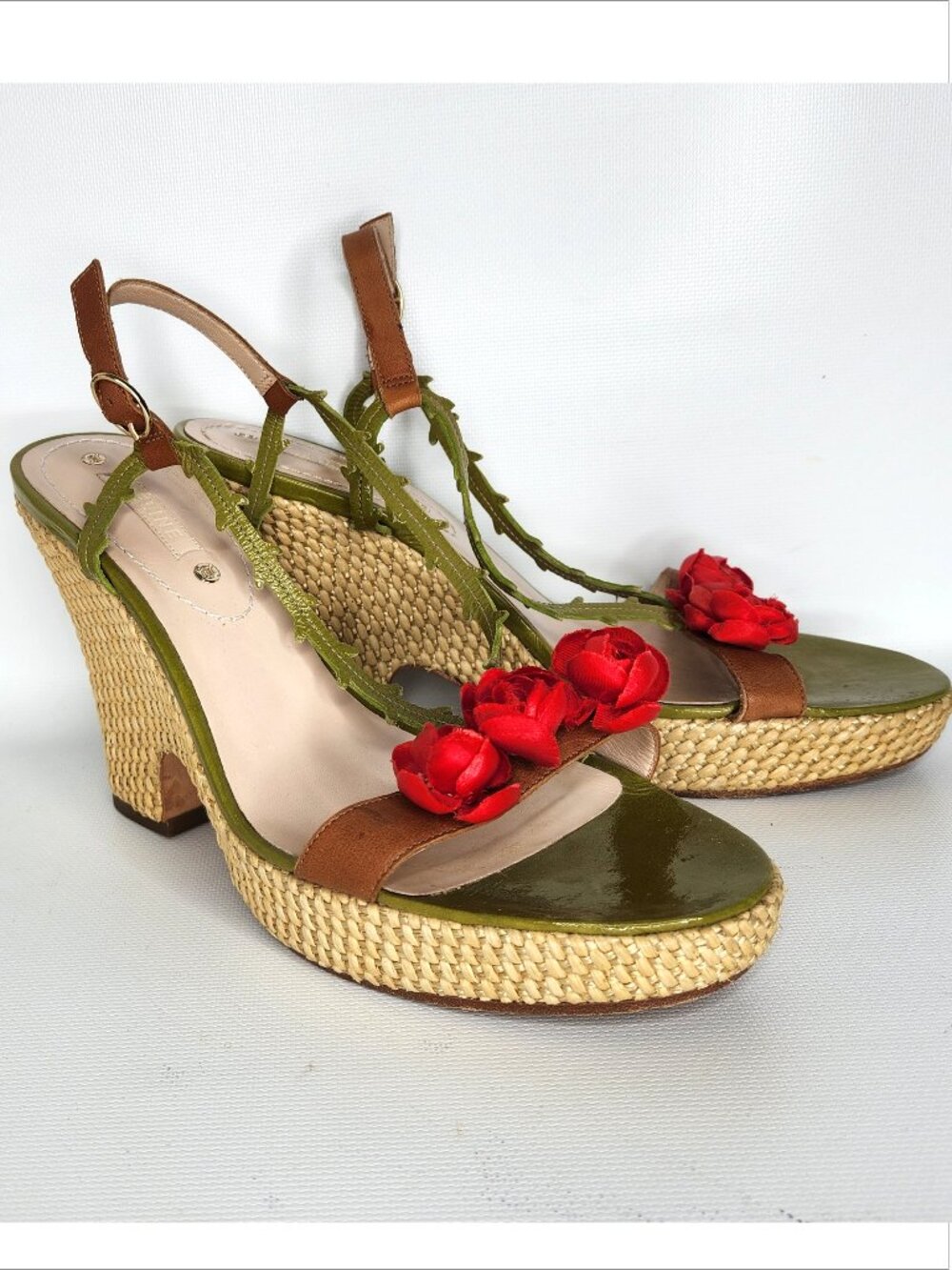 CELINE vintage 38 woman ROSEBUDS Leather & raffia Platform Sandals Authentic - Picture 2 of 5